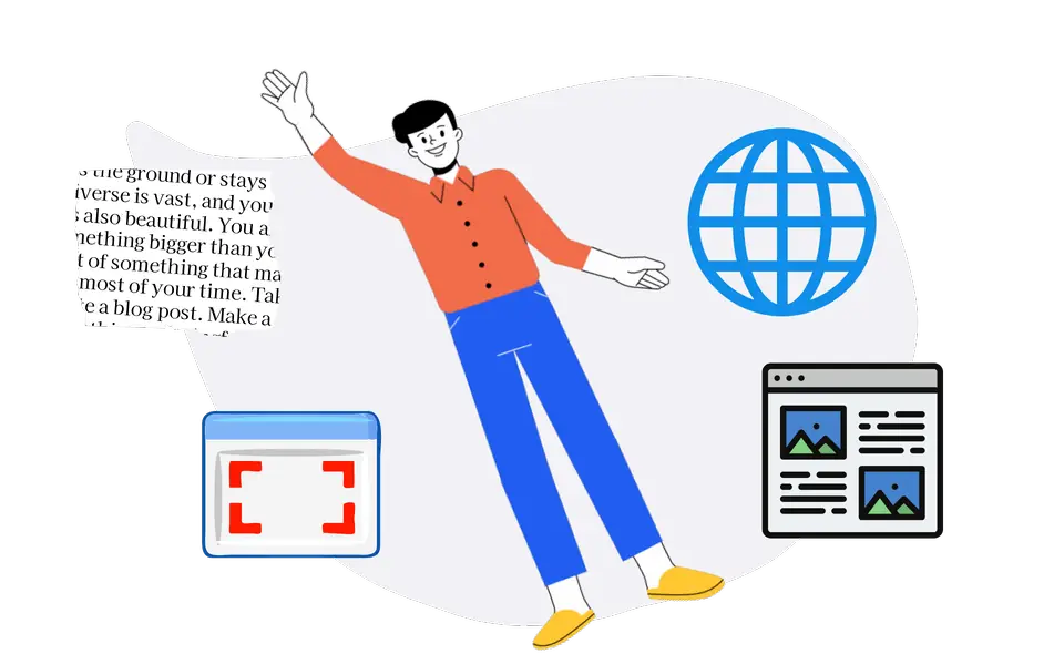 Illustration of a person beside a note, a globe, a screenshot frame, and a browser window.