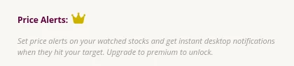 InvestFellow's Price Alerts section on the free plan, with a message to upgrade to Premium to unlock alerts.