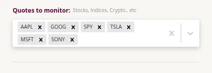 InvestFellow's Quotes to monitor box with AAPL, GOOG, SPY, TSLA, MSFT and SONY added.